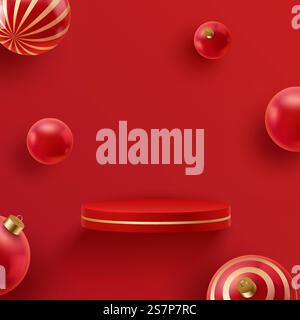 Weihnachtliches rotes fliegende Podium mit festlicher Dekoration. 3D-Szene zu Weihnachten und Neujahr, Podium für Produktanzeige auf rotem Hintergrund. Weihnachtliches rotes fliegende Podium mit festlicher Dekoration. Weihnachten und Neujahr 3D-Szene, Podium für Produktpräsentation Stock Vektor