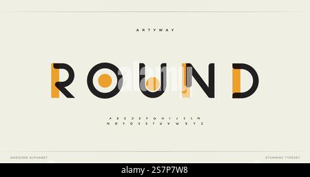 Rundes modernes Alphabet. Umwerfende Schriftart, Schriftart für futuristisches Logo, Überschrift, kreative Schriftzüge und maximale Typografie. Minimaler Stil mit gelbem Punkt. Vektortypografisches Design. . Rundes modernes Alphabet. Umwerfende Schriftart, Schriftart für futuristisches Logo, Überschrift, kreative Schriftzüge und maximale Typografie. Minimaler Stil mit gelbem Punkt. Vektortypografisches Design Stock Vektor