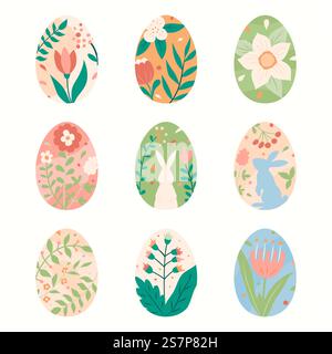 Set Eier mit handgezeichnetem Osterschmuck in Pastellfarben. Frohe Ostern-Elemente. Minimalistisches Design mit Eiern, Kaninchen, Blumen und Pflanzen. Set Eier mit handgezeichnetem Osterschmuck in Pastellfarben. Minimalistisches Design mit Eiern, Kaninchen, Blumen und Pflanzen Stock Vektor