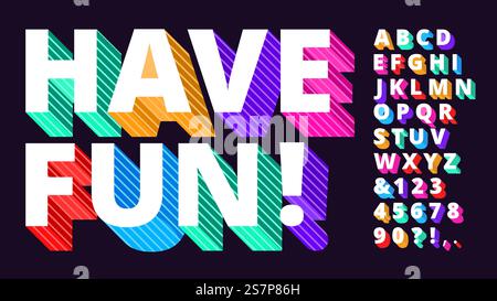 Farbenfrohe, moderne Schriftart. Gestreiftes 3D-Alphabet, lustige Schrifttypen und lebendige Buchstaben. Typografie Schriftart Buchstaben, Feiertagstexte und Zahlen Moderne Schilder. Symbolsatz für Vektorabbildungen. Farbenfrohe, moderne Schriftart. Gestreiftes 3D-Alphabet, lustige Schrifttyp und künstlerische lebhafte Buchstaben Vektor-Illustration Set Stock Vektor