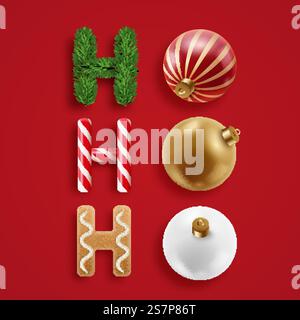 Phrase Ho Ho Ho aus verschiedenen weihnachtlichen Elementen. Deko aus Süßigkeiten, Keksen, Zweigen, weihnachtskugeln. Neujahr- und Weihnachtskonzept. Phrase Ho Ho Ho aus verschiedenen weihnachtlichen Elementen. Dekoration aus Süßigkeiten, Zweigen, weihnachtskugeln. Neujahr- und Weihnachtskonzept Stock Vektor