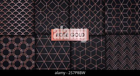 Roségold Luxus geometrische nahtlose Muster Set, dekorative Tapete, abstrakter Hintergrund. Stock Vektor