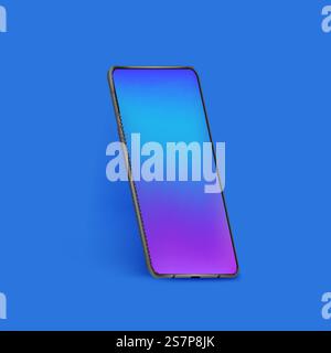 Realistisches Smartphone-Modell. 3D-Mobiltelefon mit Farbbildschirm auf blauem Hintergrund. Moderne Handyvorlagen-Mockup in der abstrakten Szene. Realistisches Smartphone-Modell. 3D-Mobiltelefon mit Farbbildschirm auf blauem Hintergrund. Moderne Handyvorlage Stock Vektor