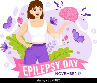 Epilepsie-Bewusstsein Monat Vektor-Illustration wird jedes Jahr im November mit Gehirn und psychische Gesundheit in Flat Cartoon Purple Hintergrund beobachtet Stock Vektor
