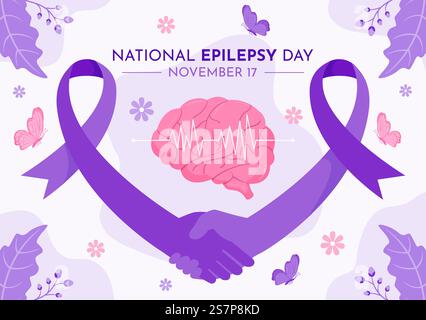 Epilepsie-Bewusstsein Monat Vektor-Illustration wird jedes Jahr im November mit Gehirn und psychische Gesundheit in Flat Cartoon Purple Hintergrund beobachtet Stock Vektor