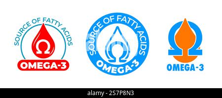 Omega-3-Symbol, Vitamin- und Fischöl-Tropfen, Fettsäurekapsel, essentielle mehrfach ungesättigte Säuren. Omega-3-Zeichen für Nahrungsergänzungsmittel und gesunde Ernährung Stock Vektor