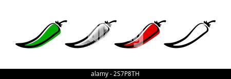 Chili-Ikonen, scharfer Pfeffer, mild bis rot heiß, Vektormenü-Logo. Chili Pfeffer oder chili Habanero und Jalapeno Level von mild bis mittelheiß, Burger Menü Symbole Stock Vektor