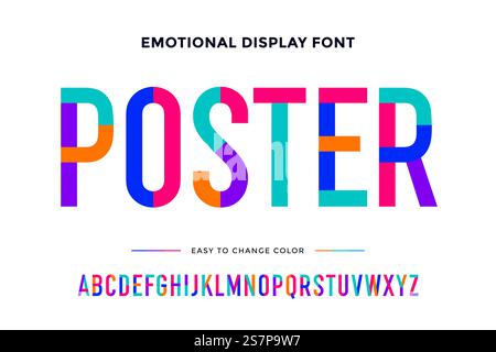 Bunte Schriftart. Buntes komprimiertes Alphabet und Schriftart. Komprimierte, fett gedruckte Buchstaben in Großbuchstaben. Bunte Schriftart. Buntes komprimiertes Alphabet und Schriftart Stock Vektor