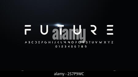 Schriftart im zukünftigen Stil, fettgedruckte Buchstaben und Zahlen. Futuristisches Design für modernes Logo. Minimalistische Vektortypografie für digitale Geräte und hud-Grafikelemente. Abgeschnittenes Alphabet... Schriftart im zukünftigen Stil, fettgedruckte Buchstaben und Zahlen. Futuristisches Design für modernes Logo. Minimalistische Vektortypografie für digitale Geräte und hud-Grafikelemente. Abgeschnittenes Alphabet Stock Vektor