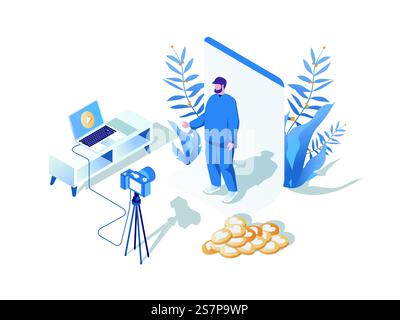 Blogging-Konzept 3D-isometrische Webszene. Menschen, die als Blogger arbeiten, Inhalte für Follower erstellen, Videos im Online-Blog aufnehmen, im Studio streamen. Vektorabbildung im Isometrie-Grafikdesign Stock Vektor