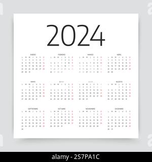 Spanischer Kalender 2024 Jahre. Die Woche beginnt Montag. Spanien Kalendervorlage mit 12 Monaten. Spanischer Kalender für 2024 Jahre. Vektorabbildung. Einfache Vorlage. Stock Vektor