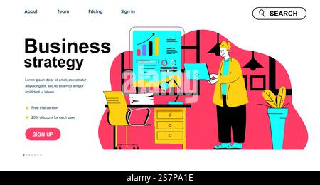 Geschäftsstrategiekonzept für Landing-Page-Vorlage. Man analysiert Daten, plant Projekte, findet Lösungen und Innovationen. Vektorillustration mit flachem Zeichendesign für Webbanner Stock Vektor