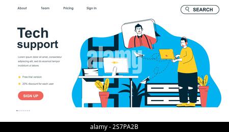 Technisches Support-Konzept für Landing-Page-Vorlage. Vermittler im Headset berät Mann im Chat. Technische Probleme lösen Personenszene. Vektorillustration mit flachem Zeichendesign für Webbanner Stock Vektor