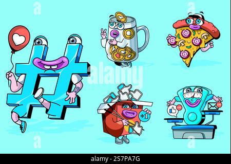 Soziales Netzwerk-Konzept mit 3D-Zeichentrickfiguren. Lustige Avatare mit Hashtag, Becher oder Box sammeln Likes und Herzen, Waagen mit Nachrichten, Pizza. Vektor-Illustration mit Comic Maskottchen Design. Soziales Netzwerk-Konzept mit 3D-Zeichentrickfiguren. Stock Vektor