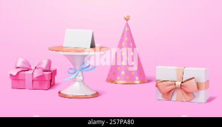 3D-Kollektion romantischer Feiertagsobjekte in Pink, einschließlich Geschenkboxen, einer leeren Karte auf dem Kuchenständer und Partyhut. Isoliert auf rosafarbenem Hintergrund. 3D-Objektsatz mit Bezug zum Feiertag in Pink Stock Vektor
