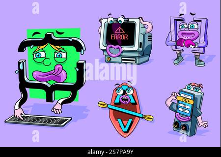 Programmierkonzept mit 3D-Zeichentrickfiguren. Lustige Avatare des Computers mit Fehlertext und Codierprozesssymbolen der Softwareentwicklung. Vektor-Illustration mit Comic Maskottchen Design. Programmierkonzept mit 3D-Zeichentrickfiguren. Vektorabbildung Stock Vektor
