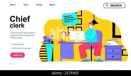 Konzept des Chefbearbeiters für Landing-Page-Vorlagen. Mitarbeiter, der Aufgaben erledigt und im Büro am Computer arbeitet. Personenszene im Arbeitsbereich des Vorgesetzten. Vektorillustration mit flachem Zeichendesign für Webbanner Stock Vektor