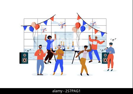 Feiertagsparty-Konzept mit Charakterszene für das Internet. Frauen und Männer tanzen, trinken, feiern gemeinsam bei festlichen Veranstaltungen. Personensituation in flacher Bauweise. Vektorillustration für Marketingmaterial. Stock Vektor