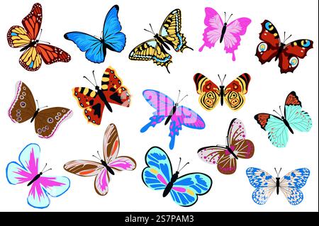 Mega-Set-Elemente in flachem Design mit Schmetterlingen. Bündel aus verschiedenen Arten und Farben tropische fliegende Schmetterlinge mit abstrakten bunten Mustern Flügeln. Vektorillustration isolierte Grafikobjekte Stock Vektor