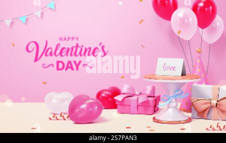 Love Letter Set auf Kuchenständer mit Ballons und Geschenkboxen. 3D-Szenendesign. Geeignet für Valentinstag und Muttertag. Valentinstag-Liebesbrief-Szene Stock Vektor