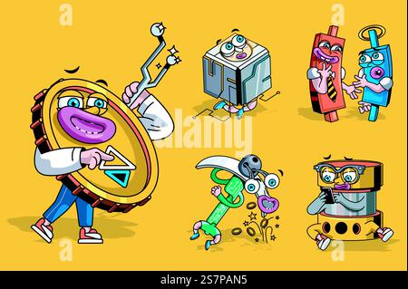 Krypto-Mining-Konzept mit 3D-Zeichentrickfiguren. Lustige Avatare von Kryptowährung, Blockchain, Spitzhacke und anderen Symbolen des digitalen Geldmarktes. Vektor-Illustration mit Comic Maskottchen Design. Krypto-Mining-Konzept mit 3D-Zeichentrickfiguren. Stock Vektor