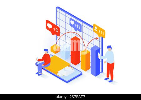 Social-Media-Konzept in 3D-Isometrie. Personen analysieren Blog-Statistiken mit neuen Followern, Kommentaren, Likes, Chats und erhalten E-Mails. Vektorillustration mit Isometrieszene für Webgrafik Stock Vektor