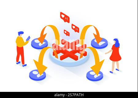 Social-Media-Konzept in 3D-Isometrie. Personen, die neue Post mit trendigen Hashtags finden und Informationen mit Freunden aus der Kontaktliste teilen. Vektorillustration mit Isometrieszene für Webgrafik Stock Vektor