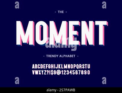 Moment Alphabet 3d bold Typografie ohne serifenbunten Stil für Poster, Dekoration, Promotion, Buch, T-Shirt, Verkaufsbanner, Druck auf Stoff. Coole, moderne Schriftart. Trendige Schriftart. Vektor 10 EPS. Moment Alphabet 3D bold Typografie ohne serifenbunten Stil Stock Vektor