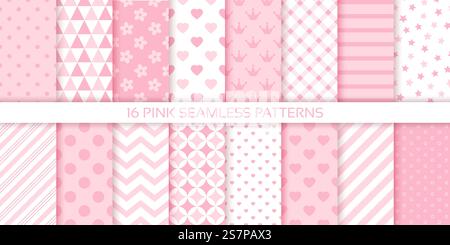 Hintergrund des Sammelbuchs. Nahtloses rosafarbenes Muster. Legen Sie das Packpapier für die Babydusche fest. Baby Girl Texturen.. Hintergrund des Babys. Nahtlose rosafarbene Muster. Vektorabbildung. Stock Vektor