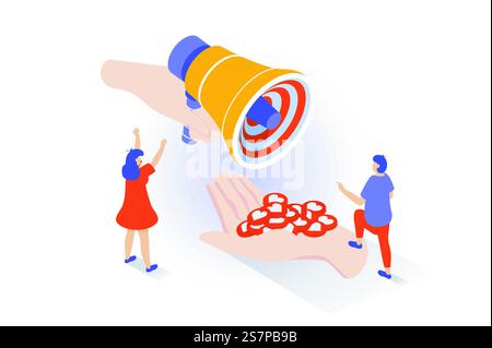 Social-Media-Konzept in 3D-Isometrie. Online-Blog für die Werbung von Menschen mit Marketing-Megaphon und sammeln viele Herzreaktionen. Vektorillustration mit Isometrieszene für Webgrafik Stock Vektor