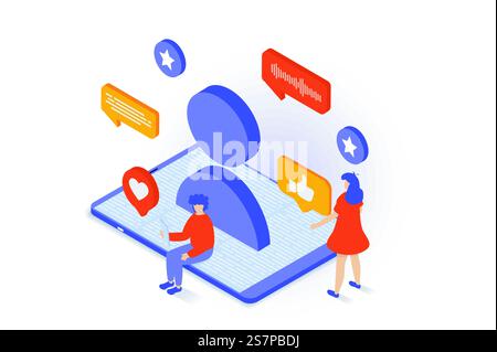 Social-Media-Konzept in 3D-Isometrie. Personen vernetzen sich, registrieren und verwalten neue Online-Profile, chatten und Posts mit „gefällt mir“. Vektorillustration mit Isometrieszene für Webgrafik Stock Vektor