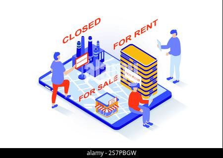 Arbeitslosigkeit und Krisenkonzept im 3. Isometrischen Design. Die Menschen haben ihre Geschäfte und Unternehmen geschlossen und Immobilien zum Verkauf und zur Miete angeboten. Vektorillustration mit Isometrieszene für Webgrafik Stock Vektor
