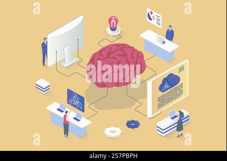Brainstorming-Konzept in 3D-Isometrie. Teamwork sucht nach Innovationen und kreativen Lösungen, denkt und generiert neue Ideen. Vektorillustration mit Isometrie Personenszene für Webgrafik Stock Vektor