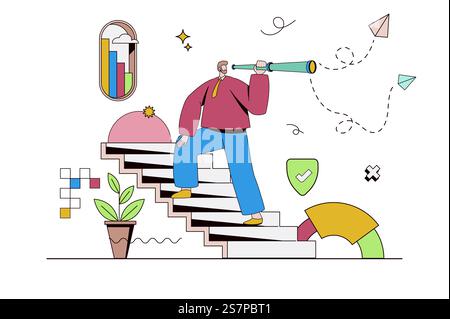 Karrierechancen-Konzept mit Charaktersituation in flacher Ausführung. Ein Mann mit Spionageglas steigt auf die Karriereleiter und sucht nach besseren Lösungen und Fortschritten. Vektorillustration mit Personenszene für das Internet Stock Vektor