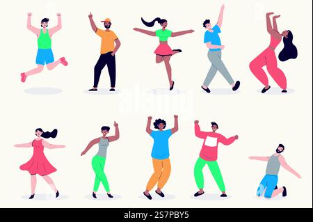 Leute tanzen in flachem Design. Männer und Frauen tanzen zur Musik in der Disco, Tänzer auf Partys, Aufführungen und Unterhaltung. Bündel verschiedener Zeichen. Vektorillustration isolierte Personen für Web Stock Vektor