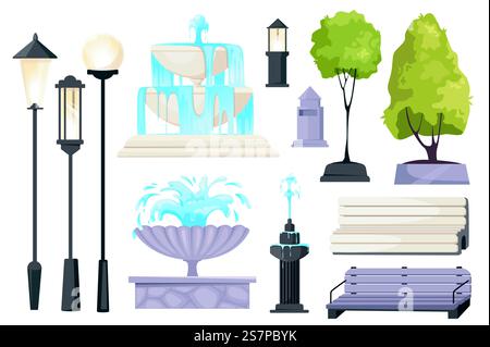 City Park-Elemente setzen grafische Elemente in flachem Design. Bündel von verschiedenen Arten von Straßenlaternen und Laternen, Springbrunnen mit Wasserspritzern, Bäumen und Bänken. Vektorillustration isolierte Objekte Stock Vektor