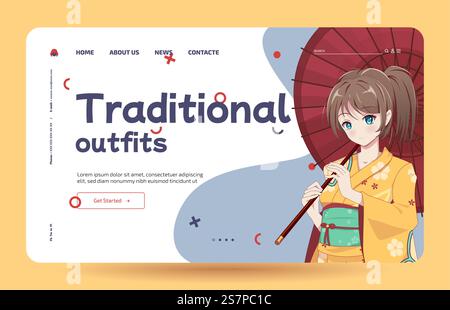 Anime-Manga-Mädchen in traditionellem japanischem Kimono-Kostüm mit Regenschirm. Traditionelle Outfits – Landing-Page-Vorlage. Vorlage für Landing-Page. Anime-Mädchen in Kimono und Regenschirm Stock Vektor