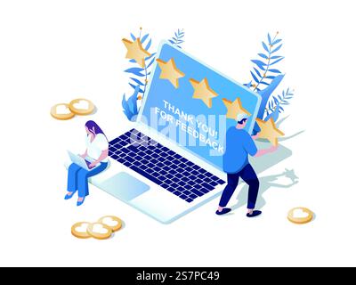 Feedback-Konzept 3D-isometrische Webszene. Personen, die positive Kundenkommentare mit guten Erfahrungen vor Ort hinterlassen und Produkte oder Dienstleistungen bewerten. Vektorabbildung im Isometrie-Grafikdesign Stock Vektor