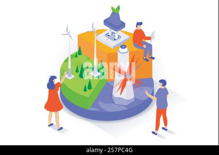 Umweltfreundliches Lifestyle-Konzept im isometrischen 3D-Design. Menschen, die Ökostromressourcen mit alternativen erneuerbaren Energien von Windturbinen nutzen. Vektorillustration mit Isometrieszene für Webgrafik Stock Vektor