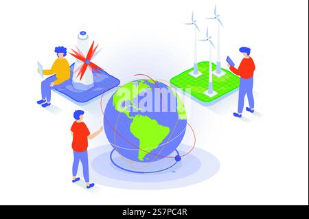 Umweltfreundliches Lifestyle-Konzept im isometrischen 3D-Design. Menschen, die Windturbinenstationen zum Einsparen nutzen, um Energie zu sparen und die Umwelt zu schützen. Vektorillustration mit Isometrieszene für Webgrafik Stock Vektor