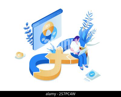 DevOps Konzept 3D isometrische Webszene. Mitarbeiter, die in der IT-Branche arbeiten, Software entwickeln und ein Entwicklungssystem für die Kommunikation verwenden. Vektorabbildung im Isometrie-Grafikdesign Stock Vektor