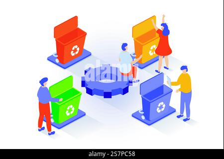 Umweltfreundliches Lifestyle-Konzept im isometrischen 3D-Design. Menschen sammeln und trennen Müll in Mülltonnen und nutzen Abfallentsorgung für das Recycling von Müll. Vektorillustration mit Isometrieszene für Webgrafik Stock Vektor