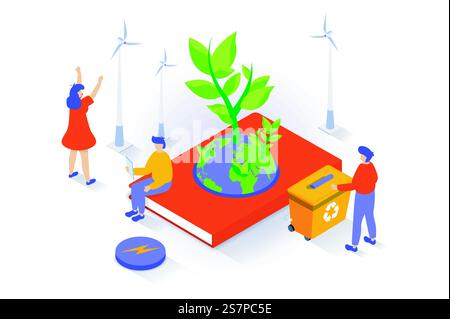Umweltfreundliches Lifestyle-Konzept im isometrischen 3D-Design. Menschen, die Windturbinenstationen nutzen, Pflanzen auf dem Planeten schützen, Müll recyceln und keine Abfälle mehr. Vektorillustration mit Isometrieszene für Webgrafik Stock Vektor