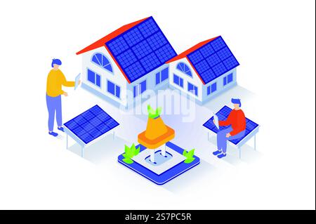 Umweltfreundliches Lifestyle-Konzept im isometrischen 3D-Design. Menschen, die Solarpaneele auf Hausdächern verwenden, um Strom zu erzeugen und intelligente Heimsysteme zu verwalten. Vektorillustration mit Isometrieszene für Webgrafik Stock Vektor