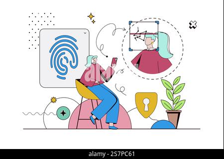 Biometrisches Kontrollkonzept mit Charaktersituation in flacher Ausführung. Frau, die ihr Konto mit Fingerabdruckscannen und Gesichtserkennung des Benutzers aufgreift. Vektorillustration mit Personenszene für das Internet Stock Vektor