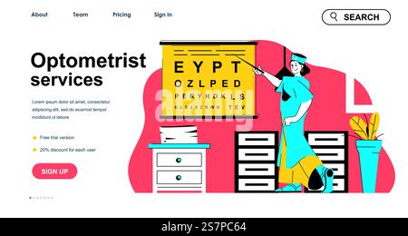 Optometrist Services Konzept für Landing-Page-Vorlage. Arzt überprüft Sehschärfe und Diagnosen. Augenklinik-Volksszene. Vektorillustration mit flachem Zeichendesign für Webbanner Stock Vektor