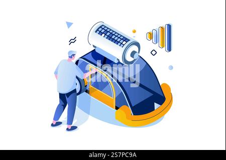 Umweltfreundliches Lifestyle-Konzept im isometrischen 3D-Design. Elektroauto mit Batterie, umweltfreundlicher Transport mit nachhaltigen alternativen Quellen. Vektorillustration mit isometrischer Personenszene für Webgrafik Stock Vektor