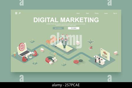 Digital Marketing Concept 3D-Vorlage für isometrische Landing-Page. Die Mitarbeiter arbeiten in Werbeagenturen, analysieren das Publikum, verwenden Targeting und Verkaufstrichter. Vektorabbildung im Isometrie-Grafikdesign. Stock Vektor