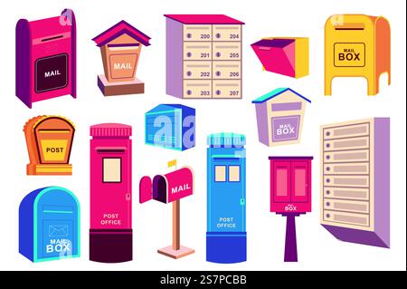 Retro-Postfächer mit Mega-Set-Elementen in flachem Design. Paket aus verschiedenen Formen und Farben traditionelle Vintage Briefkästen zum Senden oder Empfangen von Briefen. Vektorillustration isolierte Grafikobjekte Stock Vektor