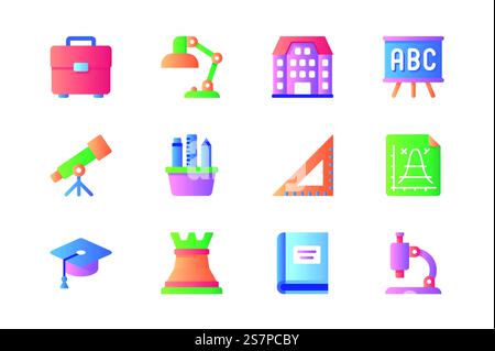 Academy Icons in flachem Farbdesign. Packung Aktenkoffer, Tischlampe, Universitätsgebäude, Tafel, Teleskop, Schreibwaren, Abschlussmütze und anderes. Vektorpiktogramme für Websites und mobile Apps Stock Vektor